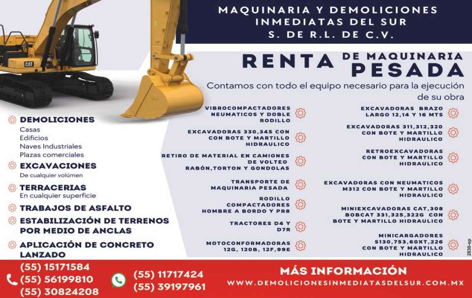 Demoliciones, Excavaciones, Terracerias, Trabajos de Asfalto, Estabilizacion de Terrenos, Aplicacion de Concreto Lanzado. Renta de Maquinaria Pesada, Retiro de Escombro, Transporte de Equipo. MDI