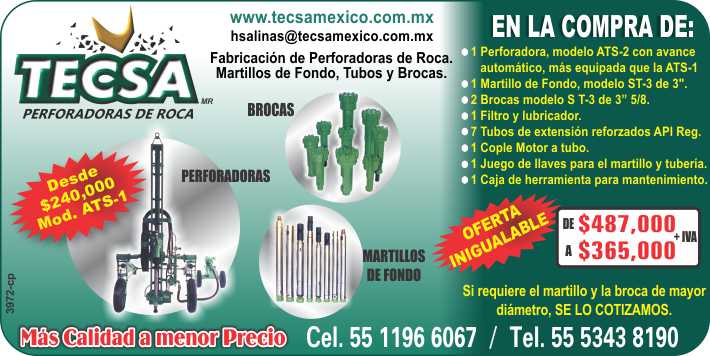 Fabricacion de Perforadoras de Roca. Martillos de Fondo, Tubos y Brocas. Perforadoras desde $240,000 Mod. ATS-1 Mas Calidad a Menor Precio.