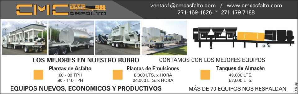 Somos Fabricantes de Plantas de Asfalto de 60-80 TPH y 90-110 TPH. Tanques de 49000 y 62000 lts., Plantas de Emulsiones 8000 y 24000 lts x hora. Equipos Nuevos, Economicos y Productivos.