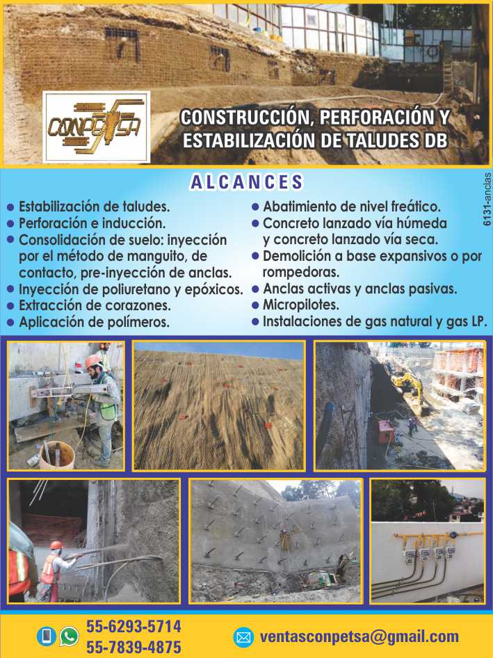 Consolidacion de Suelo, Inyeccion de Poliuretano y epoxicos, Extraccion de corazones. Aplicacion de Polimeros, Abatimiento del Nivel Freatico, Concreto Lanzado, Demolicion, Anclas, Micropilotes.