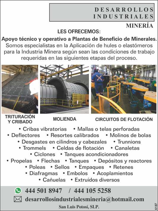 Apoyo tecnico y operativo a plantas de beneficio de minerales, especialistas en la aplicacion de hules y elastomeros para la industria minera