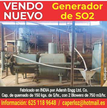 Vendo Generador de SO2 NUEVO. Fabricado en INDIA por Adarsh Engg Ltd. Co., cap. de quemado de 150 kgs. de s/hr., con 2 Blowers de 750m3/hrs.