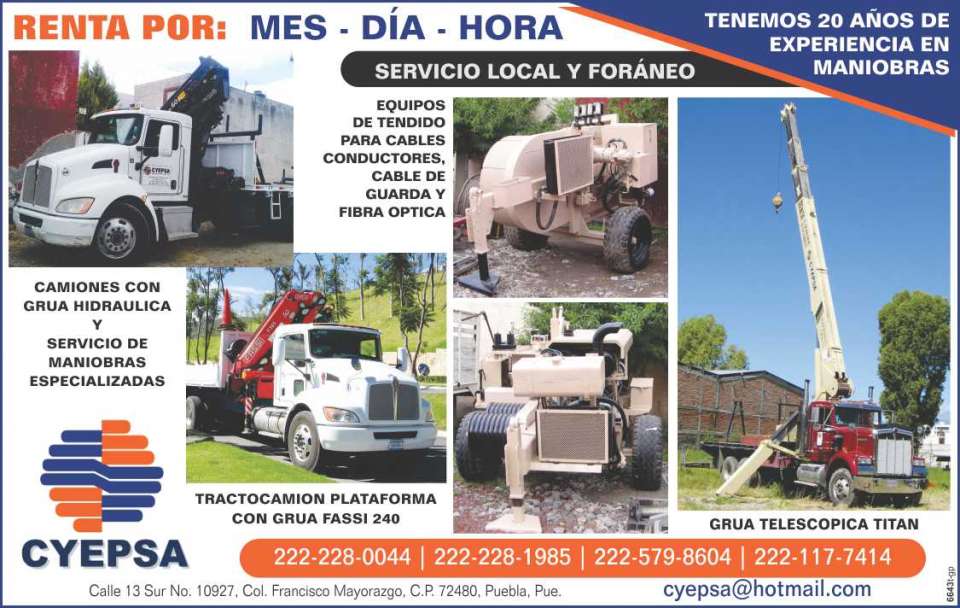 Equipos de Tendido para Cables, Camiones con Grua Hidraulica, Tractocamion Plataforma con Grua, Perforadora Solimec 2003. Renta por mes, dia, hora.