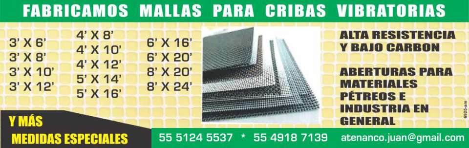 Fabricamos mallas para cribas vibratorias de alta resistencia y bajo carbon, aberturas para materiales petreos e industria en general.