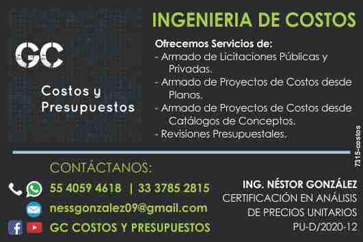 Ingenieria de Costos. Ofrecemos Servicios de: Armado de Licitaciones Publicas y Privadas. Armado de Proyectos de Costos desde Planos. Armado de Proyectos de Costos desde Catalogos de conceptos.