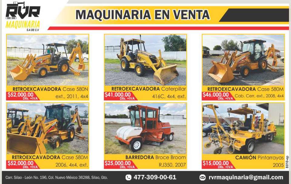 Maquinaria en Venta. Retroexcavadoras Caterpillar 416C, 580N, Case 580M, Barredora Broce Broom, Camion Pintarrayas.