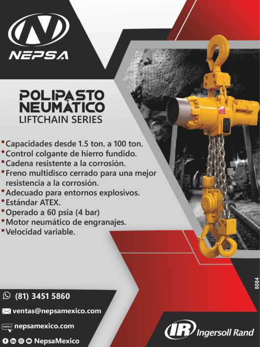 Polipasto Neumatico Liftchain Series. Cap. 1.5 a 100 ton. Control Colgante de Hierro Fundido. Adecuado para entornos explosivos. Estandar ATEX, Operado a 60 psia (4 bar) Ingersoll Rand.