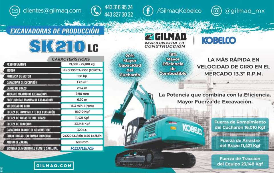 Excavadoras de produccion SK210LC, la mas rapida en velocidad de giro en el mercado 13.3" R.P.M. La potencia que combina con la eficiencia Mayor Fuerza de excavacion. 20% mayor capacidad del cucharon.