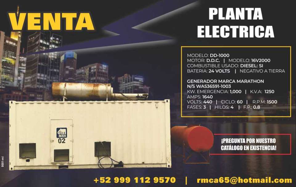 Venta de planta electrica, modelo DD- 1000, motor D.D.C. modelo 16V2000, combustible diesel, bateria 24 volt, negativo a tierra.