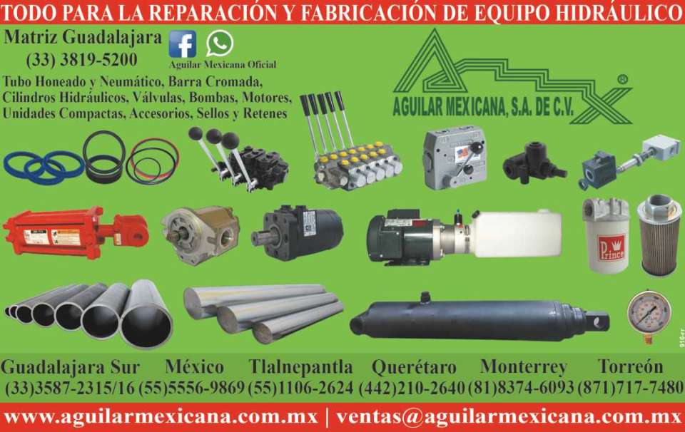 Reparacion y fabricacion de equipo hidraulico, tubo neumatico de acero, aluminio y laton, motores, valvulas, bombas, sellos y cilindros hidraulicos, tubo honeado, barra cromada PTR y tubo HSS